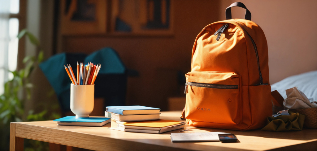 Orange backpack with school supplies on table on b.jpg
